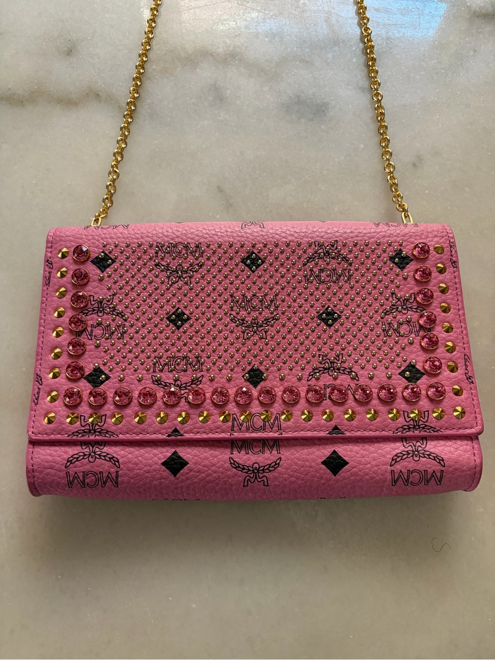 MCM Pink Rhinestone & Gold-Studded Leather Chain Crossbody WOC - Picture 3 of 13